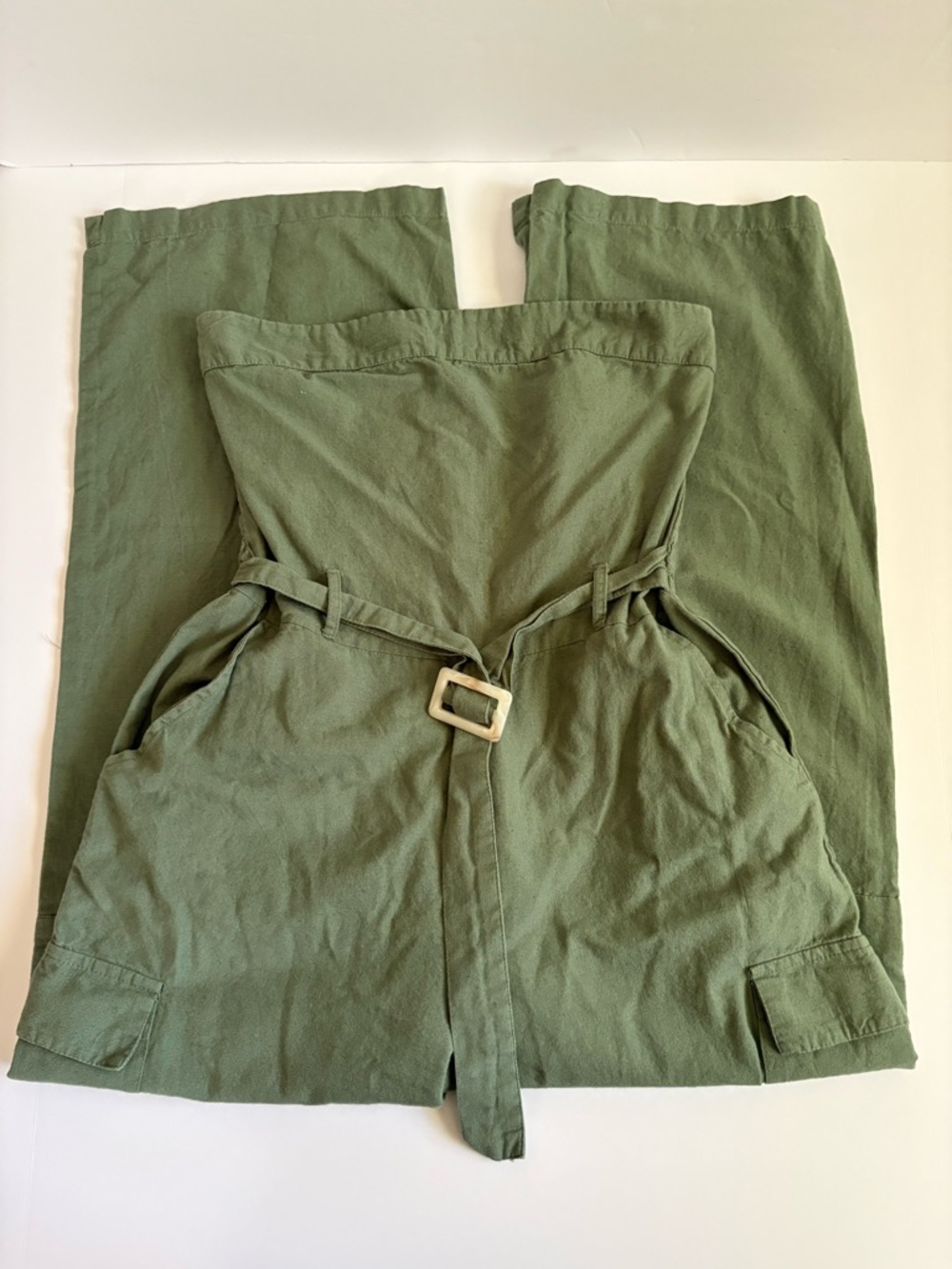 Sim & Sam Strapless Belted Olive Green Romper Utility Wide-Leg Large - Picture 7 of 13